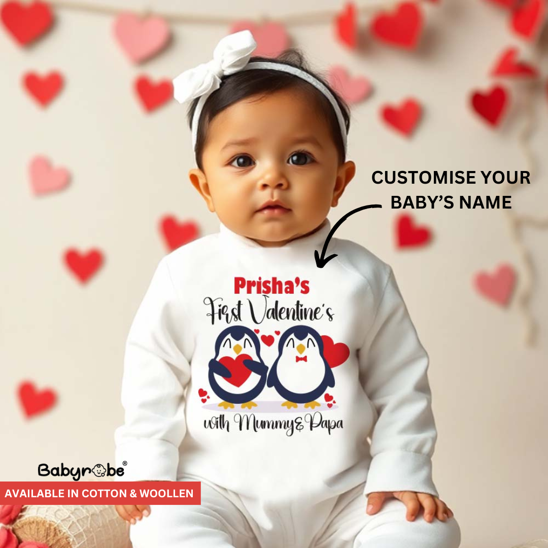 "Custom baby jumpsuit with name and design Valentine Day."