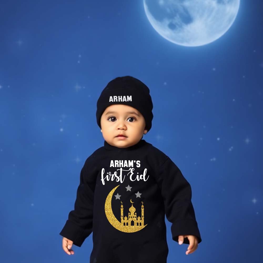 "Cute custom name baby jumpsuit set for first Eid."