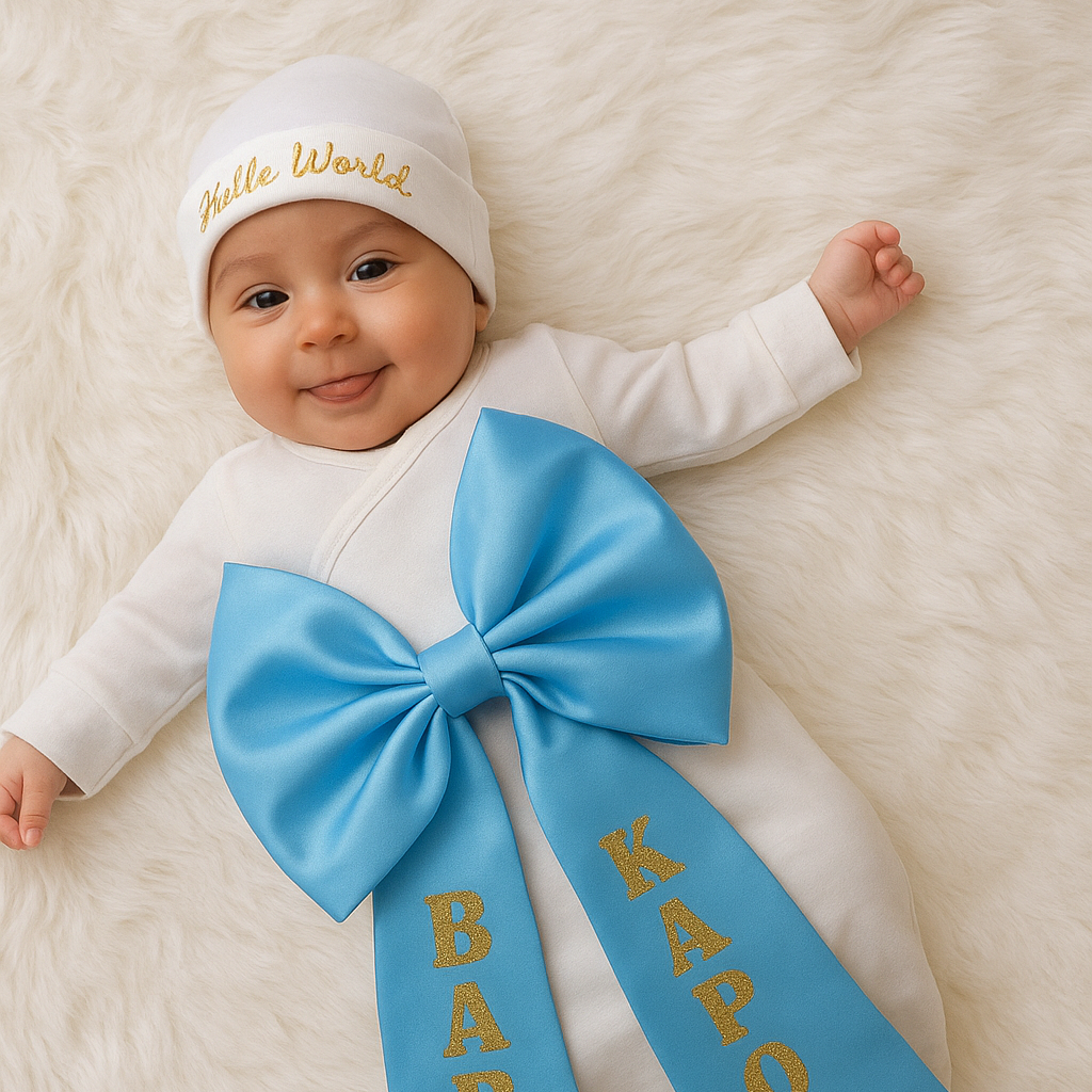 Baby wearing a white outfit with a blue bow and 'Hello World' hat on a soft surface