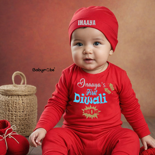 "Custom baby Jumpsuit set with name and Diwali design."