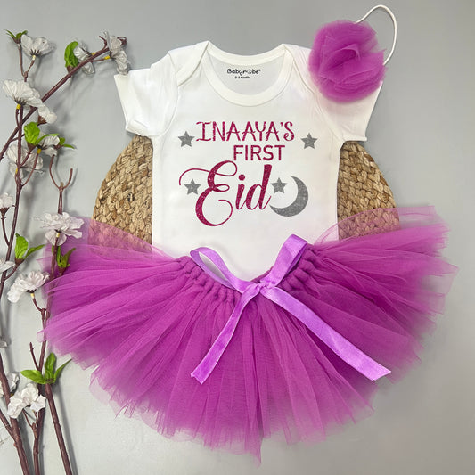 "Personalized onesie & Skirt  set for baby, perfect for First Eid."
