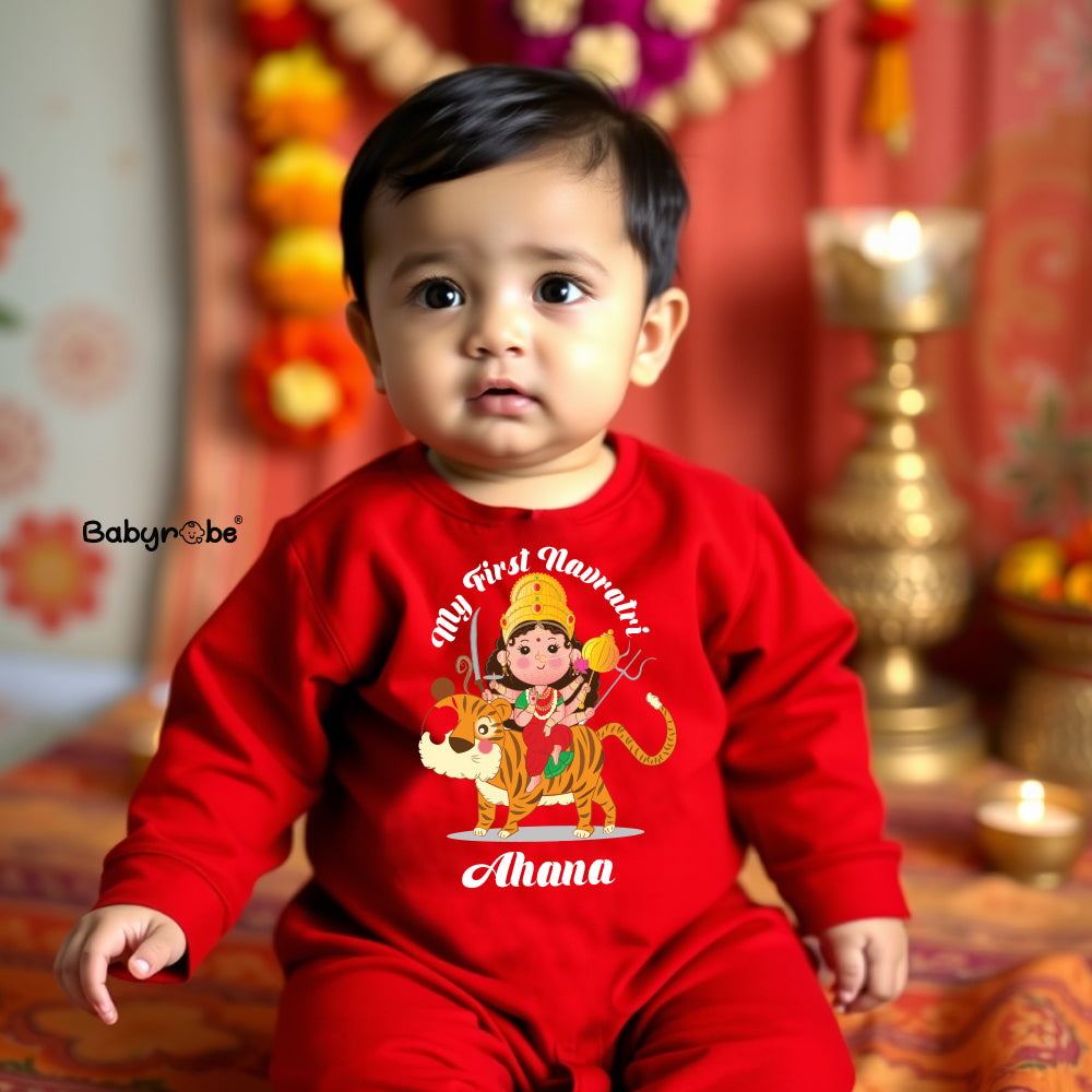 "Personalized baby jumpsuit for First Navratri with custom name."