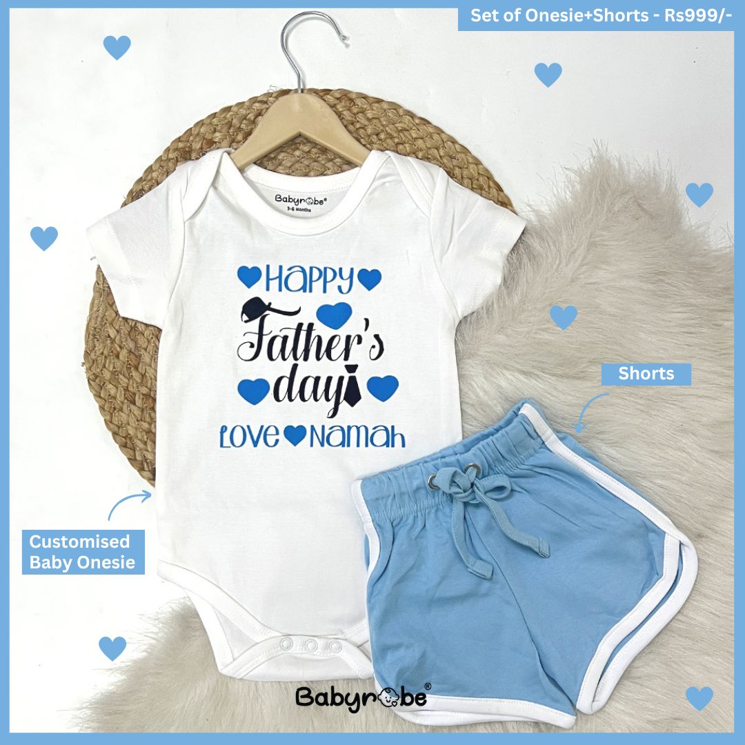"Personalized baby onesie & Shorts for Father's Day with custom name."