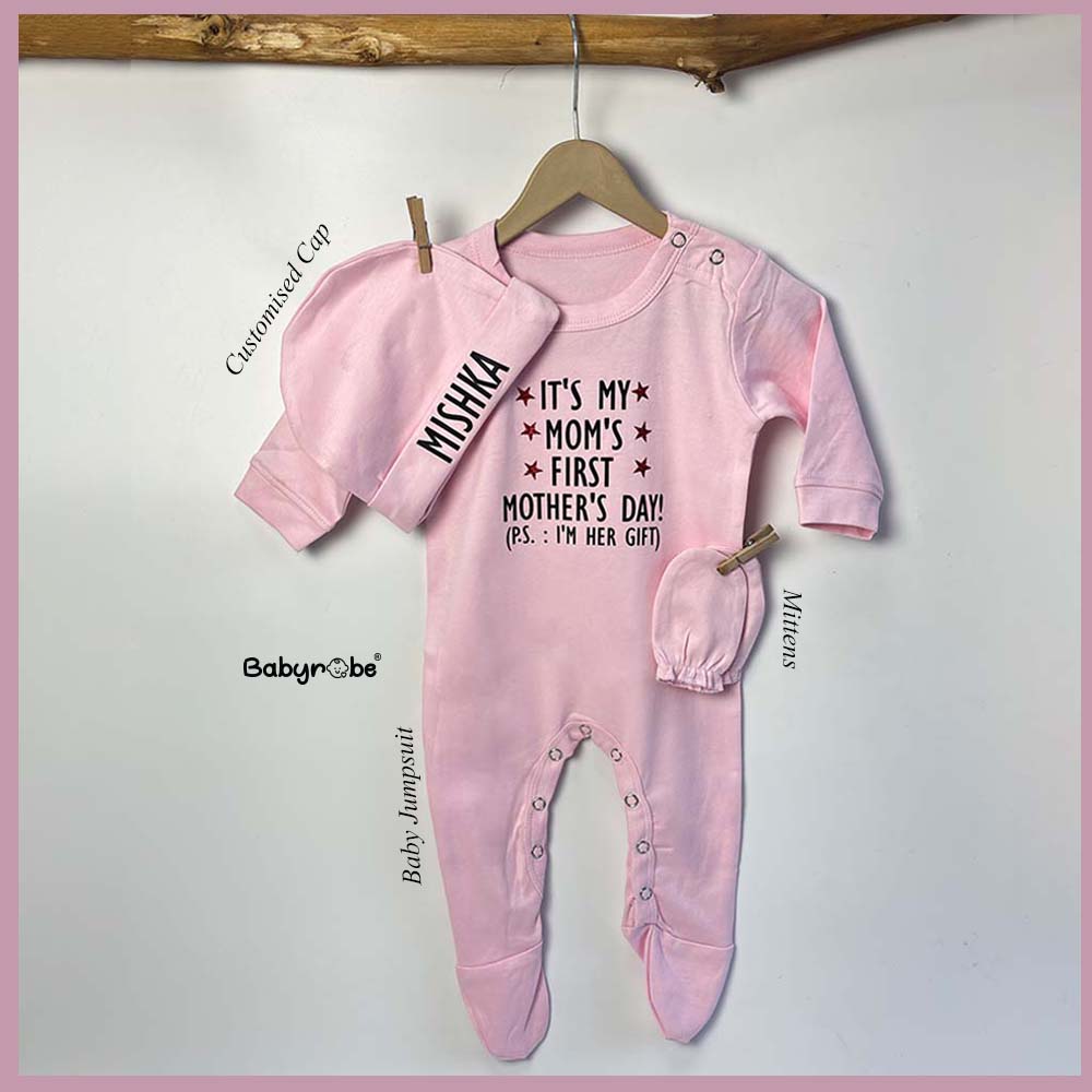 Customizable Mother's Day baby jumpsuits set with personalized names, perfect for celebrating a special first Mother's Day."