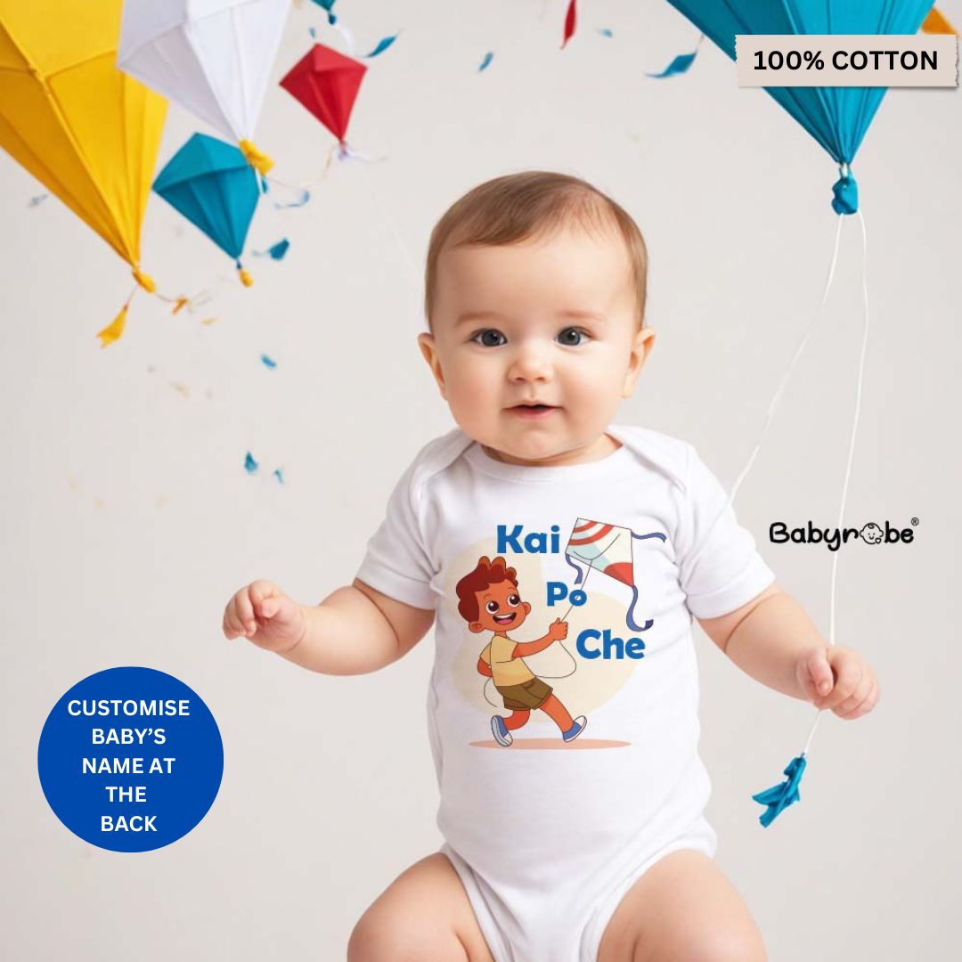 "Baby onesie with personalized name for a Kai Po Che."