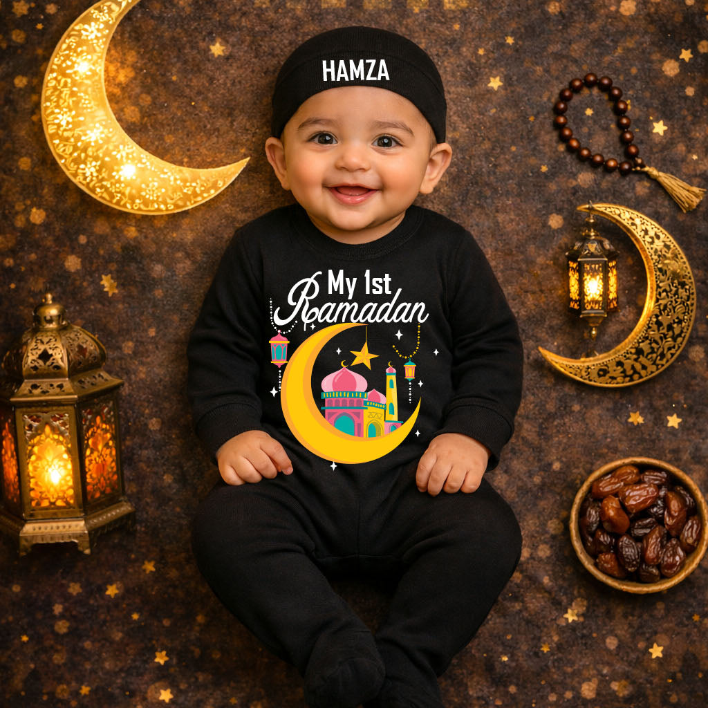 Child wearing a black shirt with 'My 1st Ramadan' text, surrounded by decorative elements on a brown background.