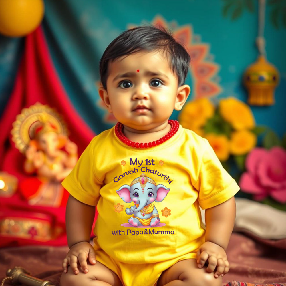 "Celebrate 1st Ganesh Chaturthi with a personalized baby onesie."