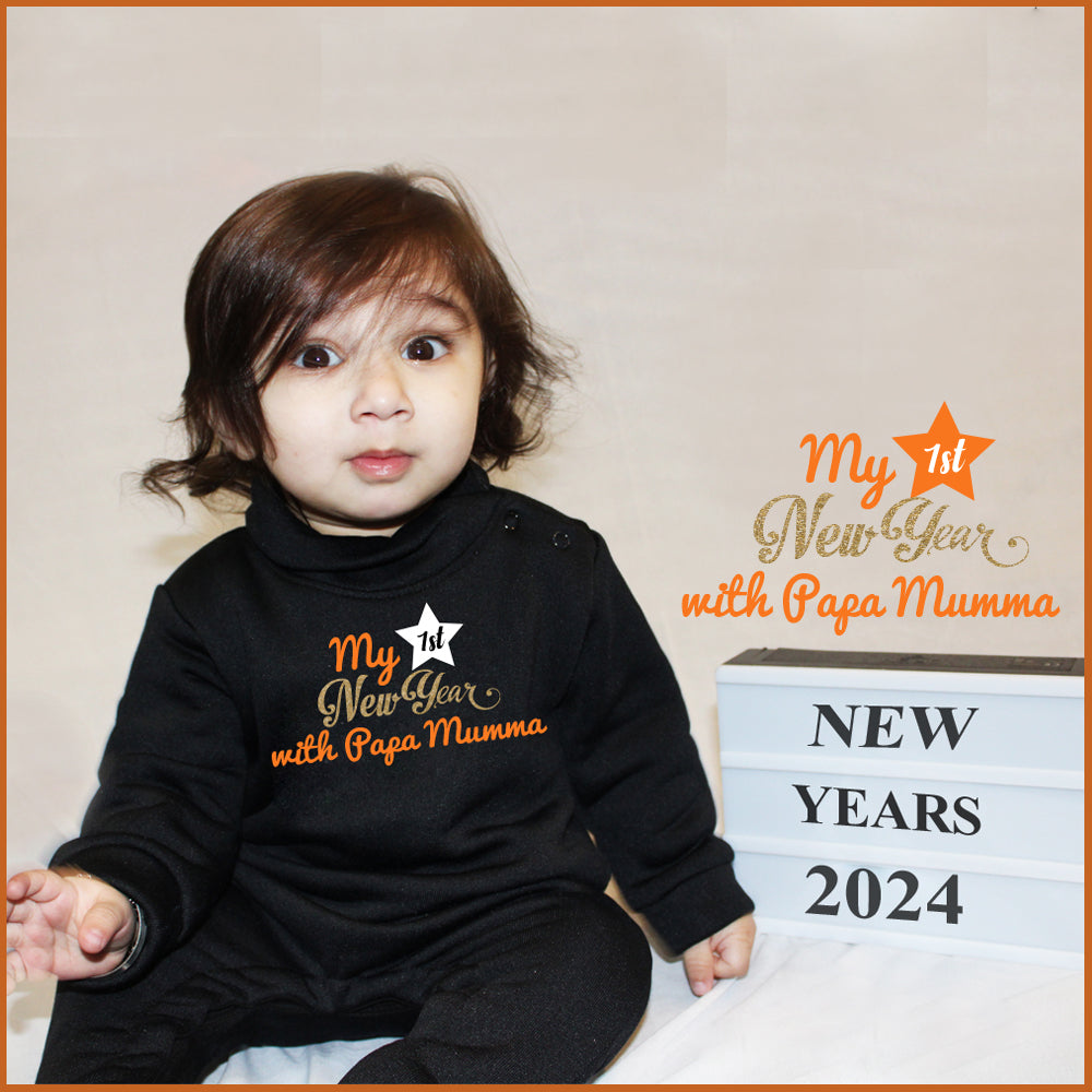 "Personalized baby jumpsuit with custom name and New Year design."