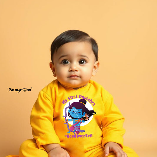 "Custom name Dussehra jumpsuit for your little one."