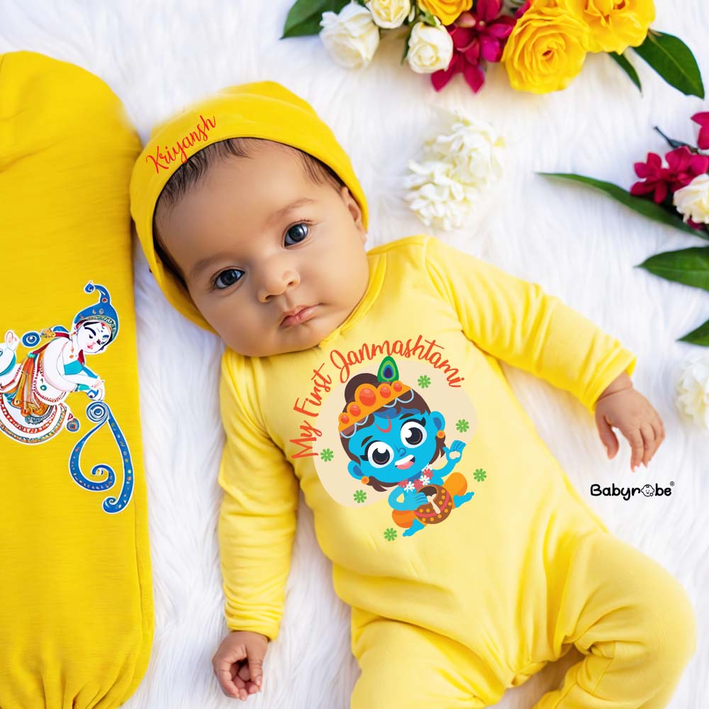 "Custom name First Janmashtami jumpsuit set for your little one."