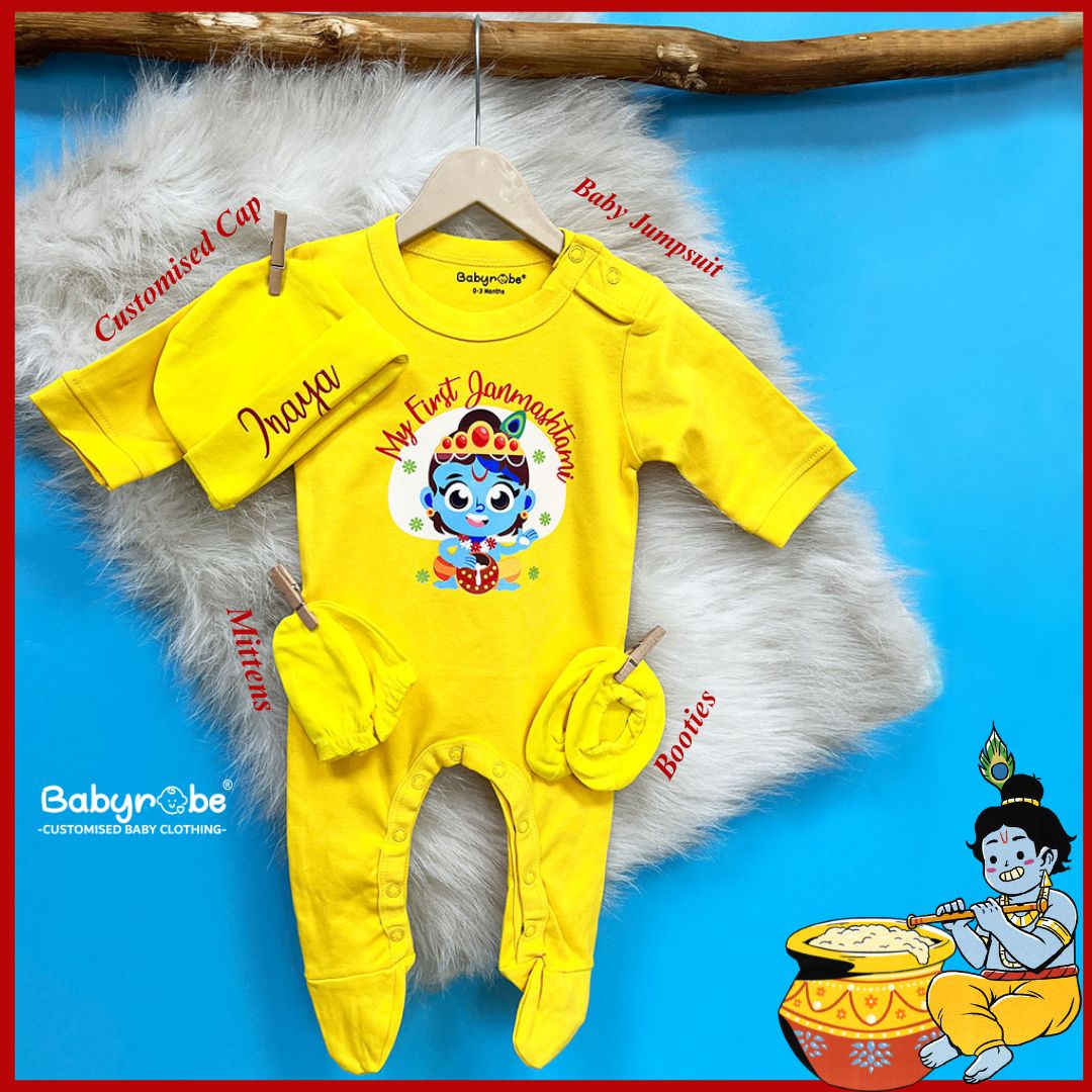 "Cute custom name baby jumpsuit set for first Janmashtami."