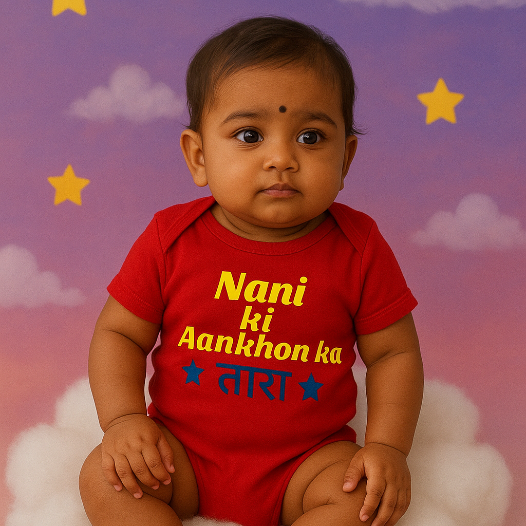 Baby wearing a red onesie with text, sitting on a cloud with a starry sky background
