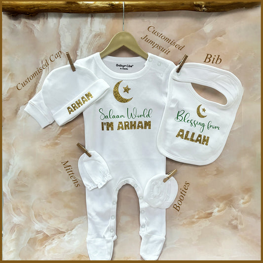 ''Soft and comfortable baby jumpsuit set with custom name and design."