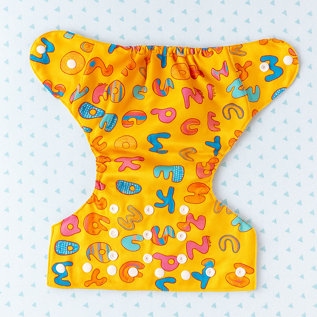 Yellow diaper with colorful alphabet pattern on a light blue polka dot background