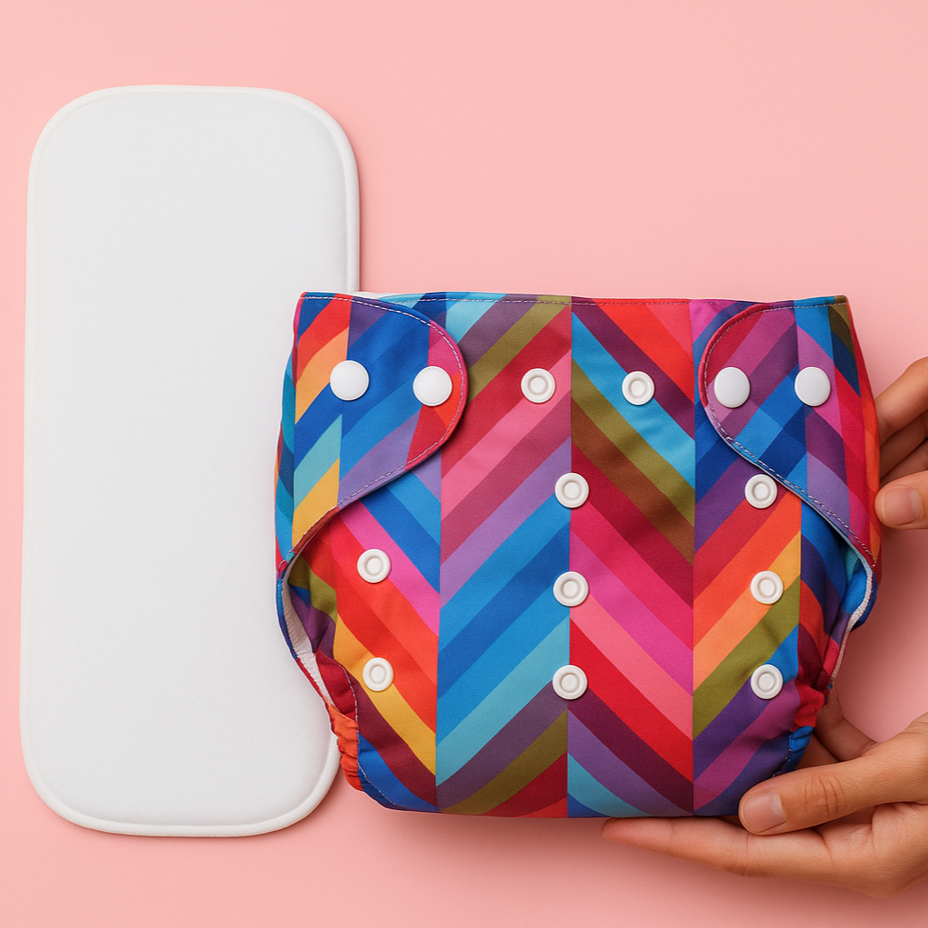 Colorful striped cloth diaper with white buttons on a pink background
