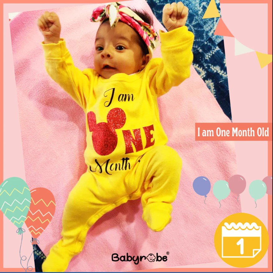 I am One Month Old ( Jumpsuit +Bib&2Bows)