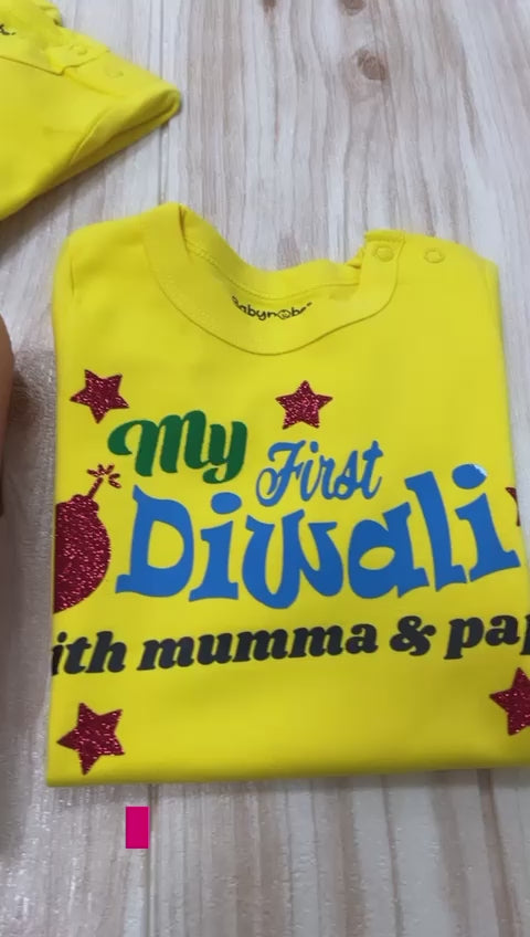 "Custom baby Oraganic Jumpsuit  with name and special design for Diwali."