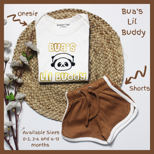 "Baby onesie & Shorts with personalized name for a  design Bua's Lil Buddy."