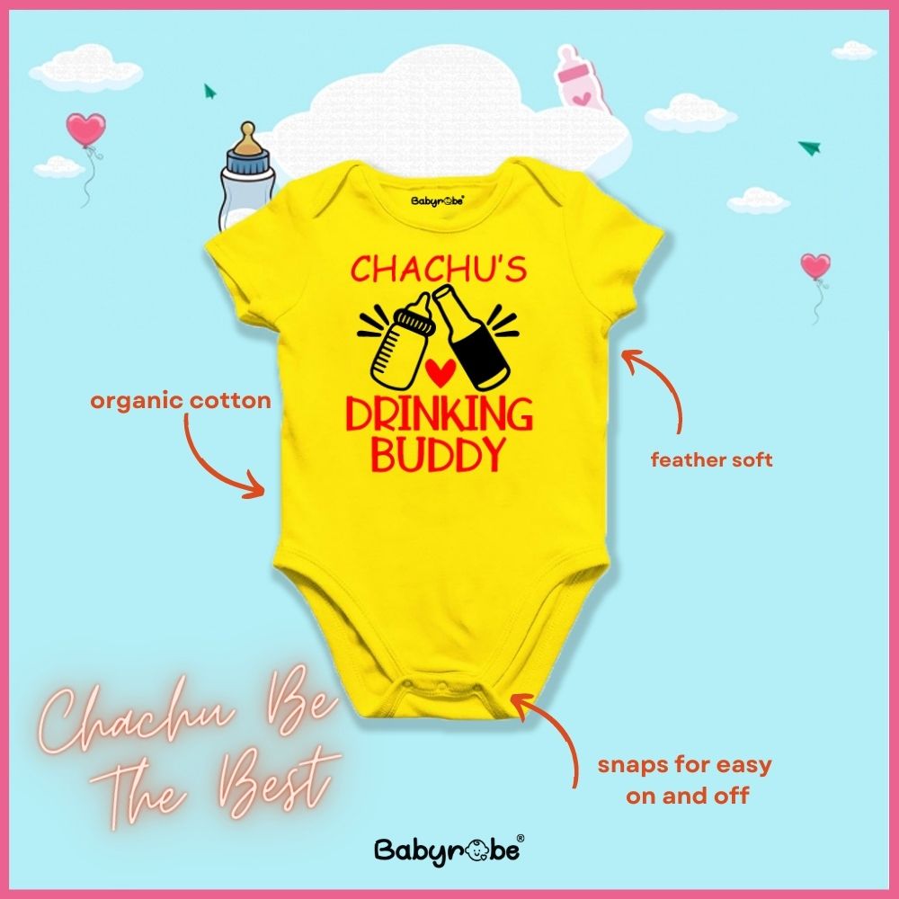 "Customizable Chachu's Drinking Buddy baby outfit with name."