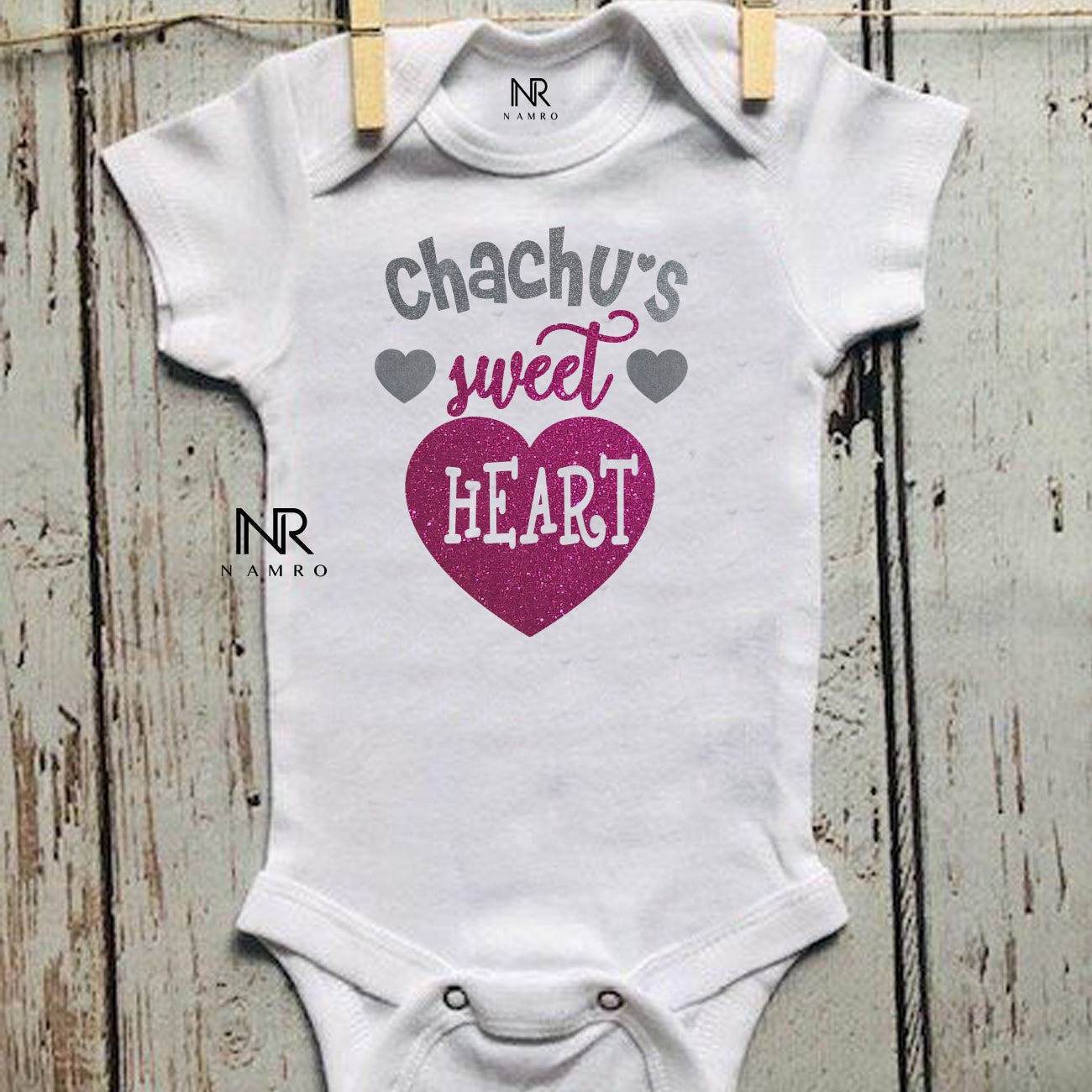 "Chachu's Sweet Heart with a personalized baby onesie."