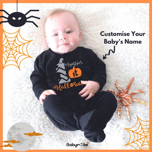 "Personalized Jumpsuit for baby, perfect for 1st Halloween."