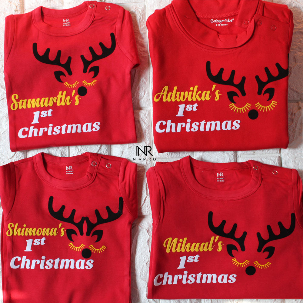 "Soft and comfortable baby jumpsuit with custom name and First Christmas."