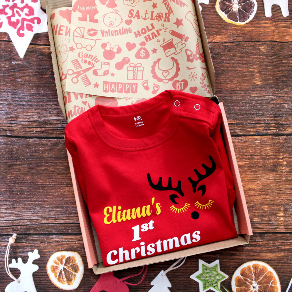 "Custom name First Christmas jumpsuit for your little one."
