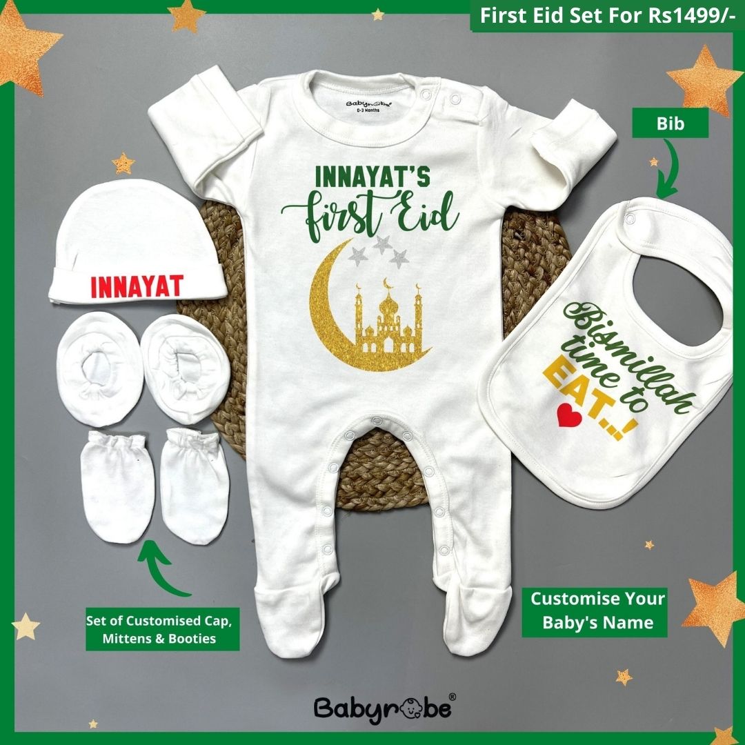 "Cute custom name baby jumpsuit set, for first Eid."