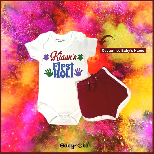 "Custom baby Onesie & Shorts set featuring a fun print and personalized text."