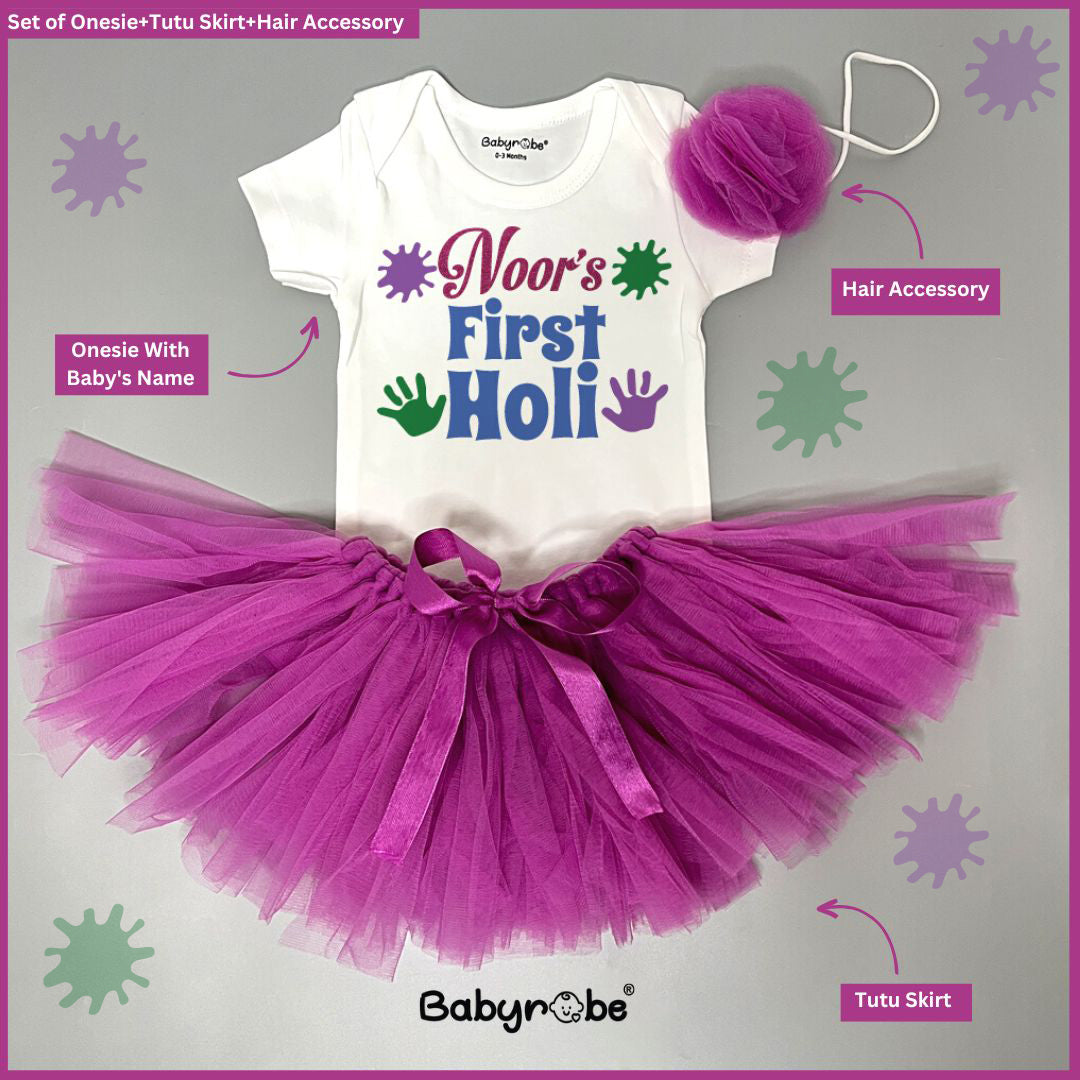 "Baby onesie & skirt set  with personalized name for a special First Holi."