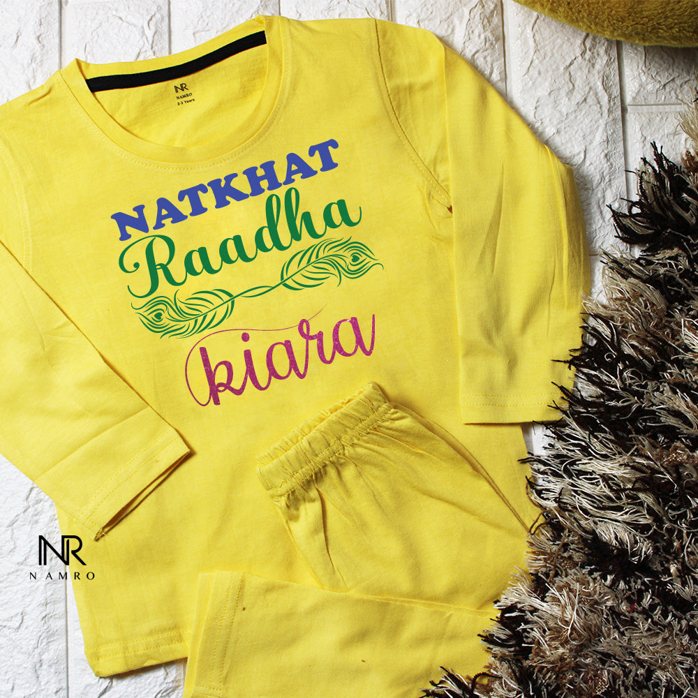 "Custom baby T-Shirt & Pajama_set with name and special design Natkhat Raadha ."