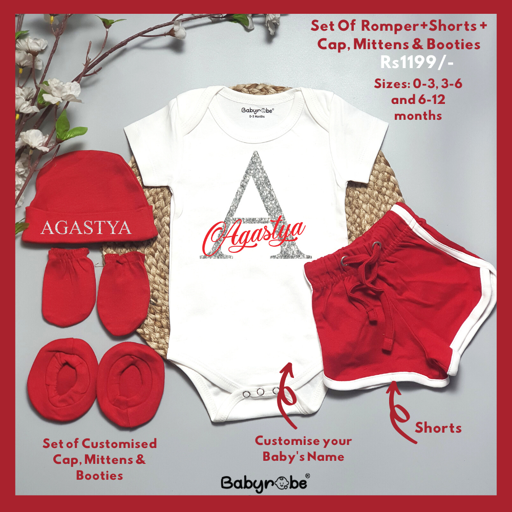 Baby Custom Name (Romper+Shorts+Cap, Mittens & Booties)