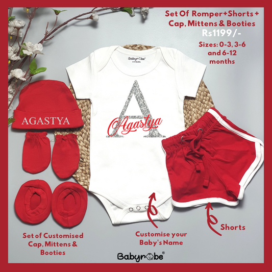 Baby Custom Name  (Romper+Shorts+Cap, Mittens & Booties)