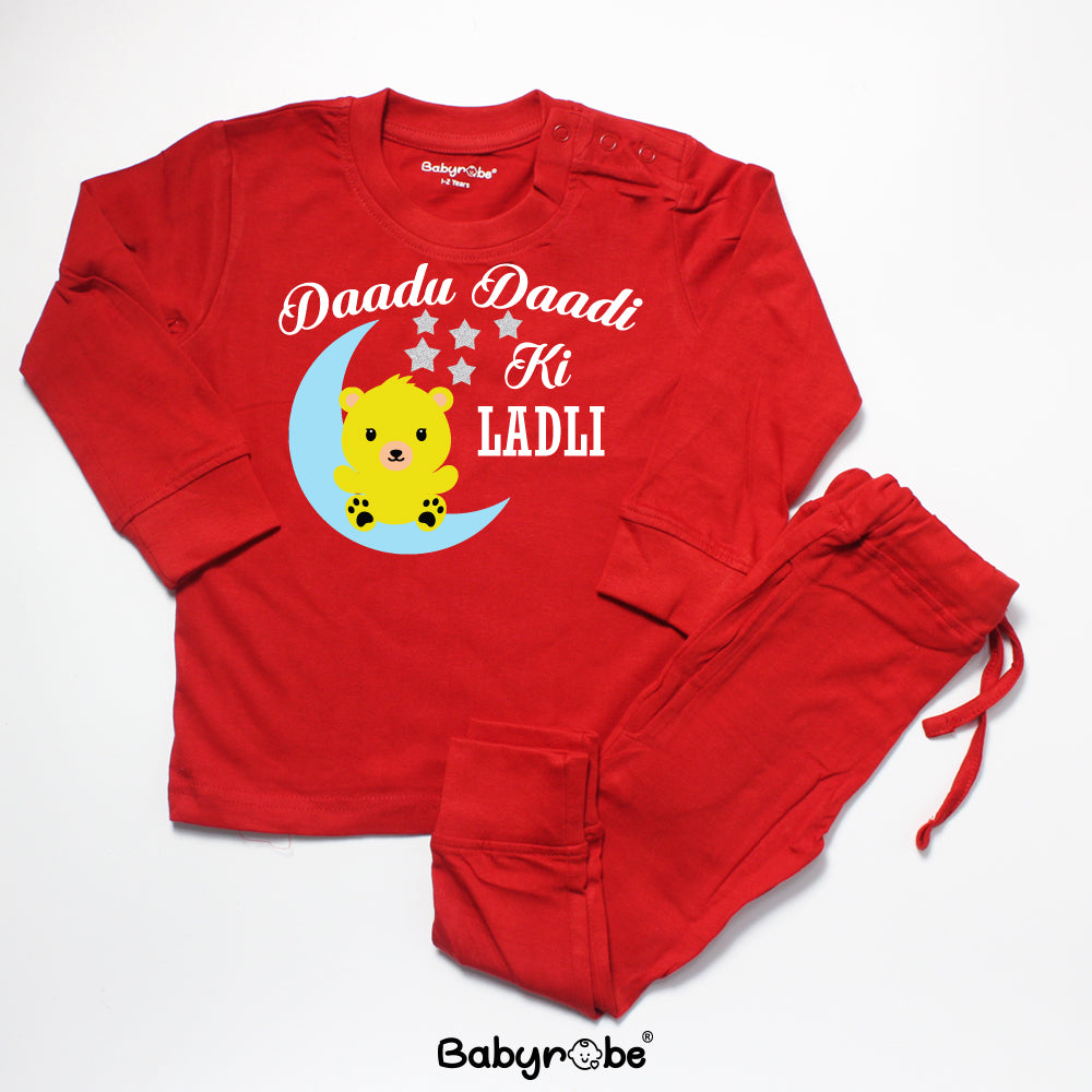 "Personalized baby T-Shirt & Pajama set with colorful design and easy snap closures."