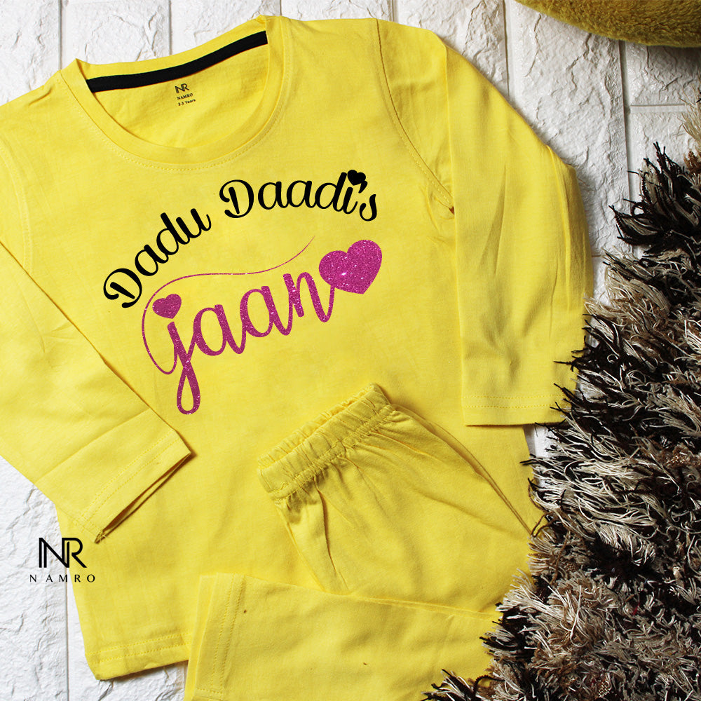 "Cute baby T-Shirt & Pajama set with a custom graphic and soft cotton fabric."