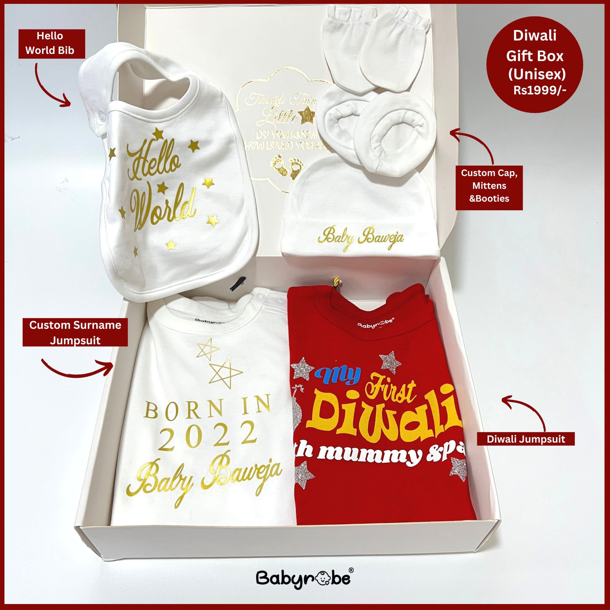 "Adorable, high-quality baby bodysuit with personalized text or design Diwali Gift Box."