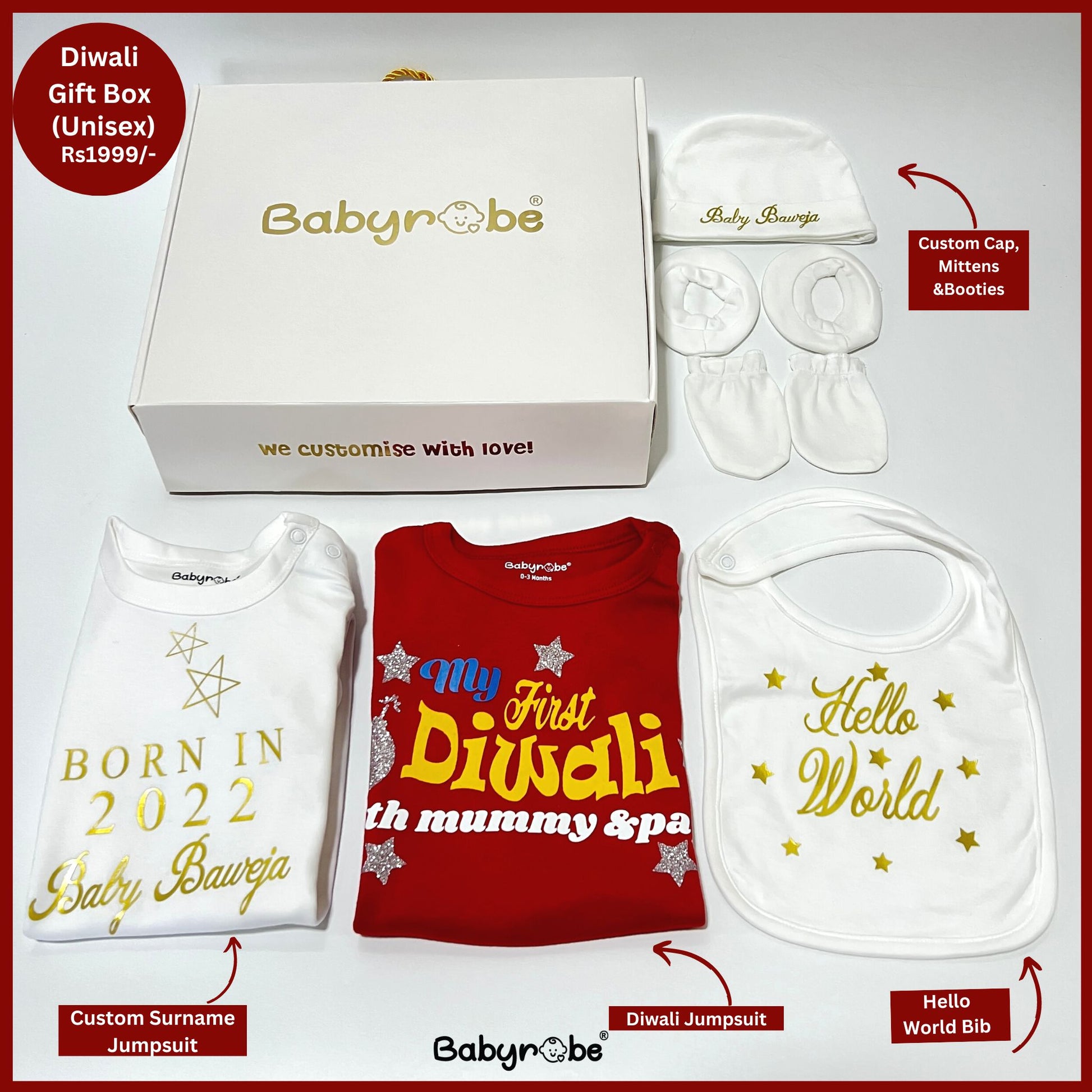 "Custom baby jumpsuit set  with custom message and colorful design, new born with  Diwali gift."