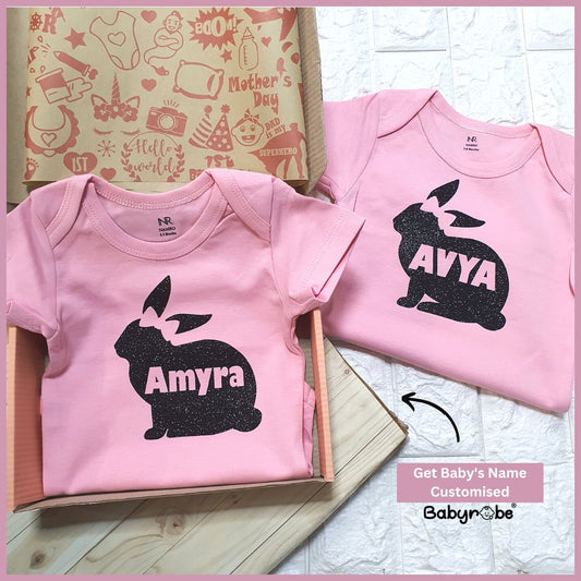 "Custom baby outfit with name Easter Bunny."