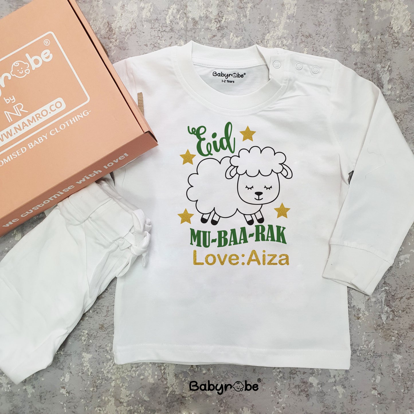 "Celebrate Eid Mu-Baa-Rak with a personalized baby T-Shirts & Pajama set."