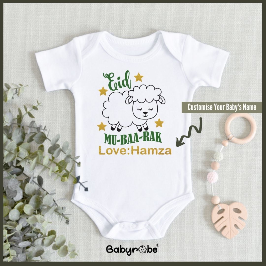 "Personalized baby onesie for Eid Mu-Baa-Rak with custom name."