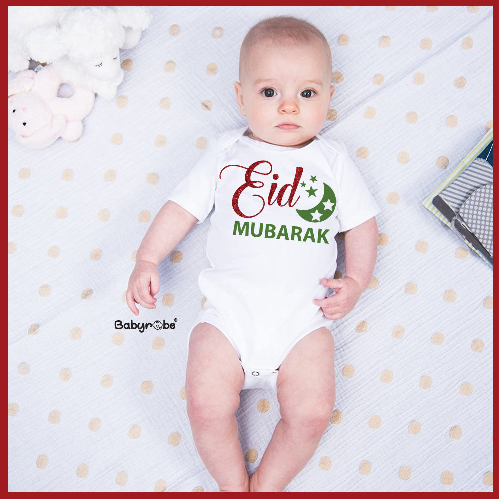 "Personalized baby onesie for Eid Mubarak with custom name."