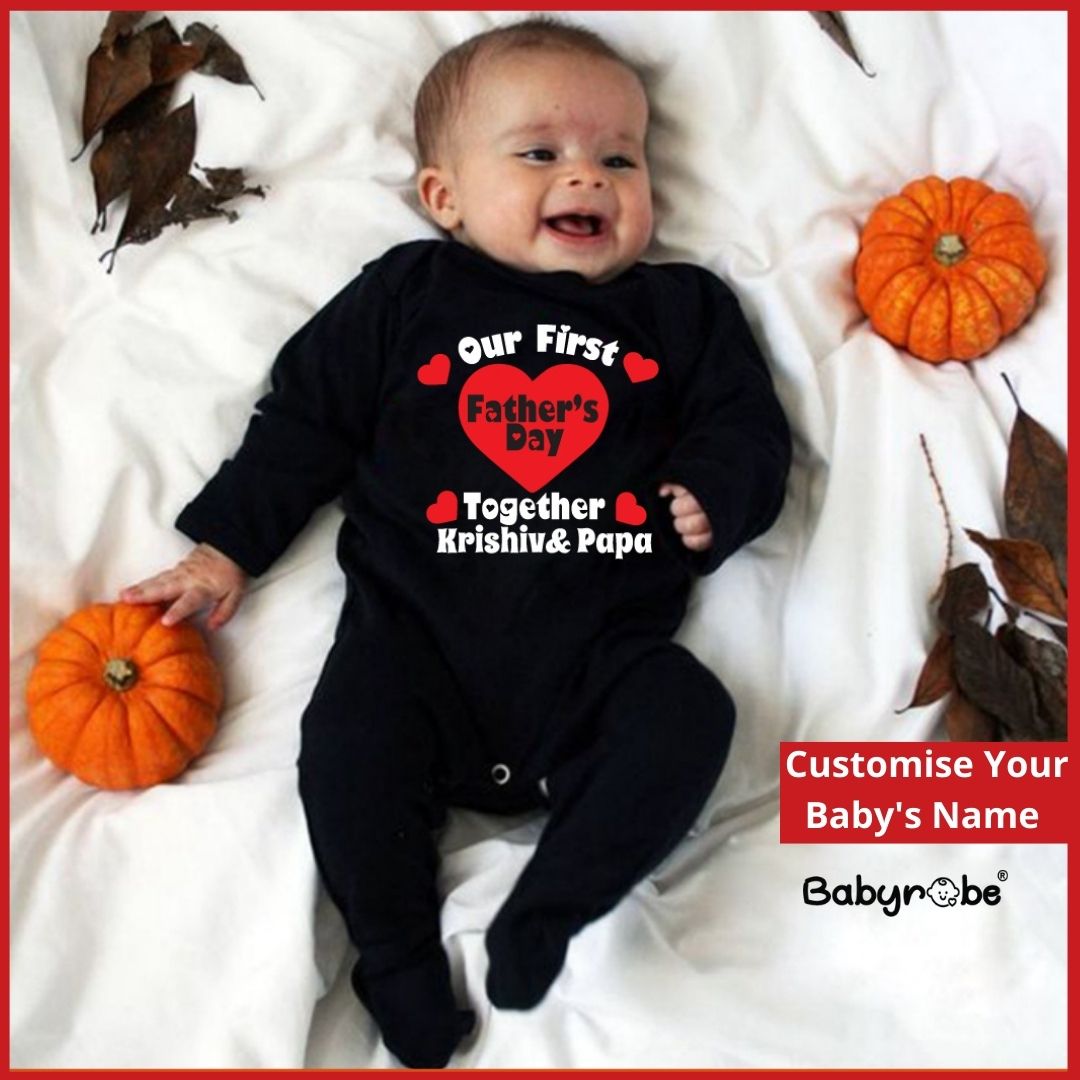 "Cute custom name baby jumpsuit for Our first Father's Day."