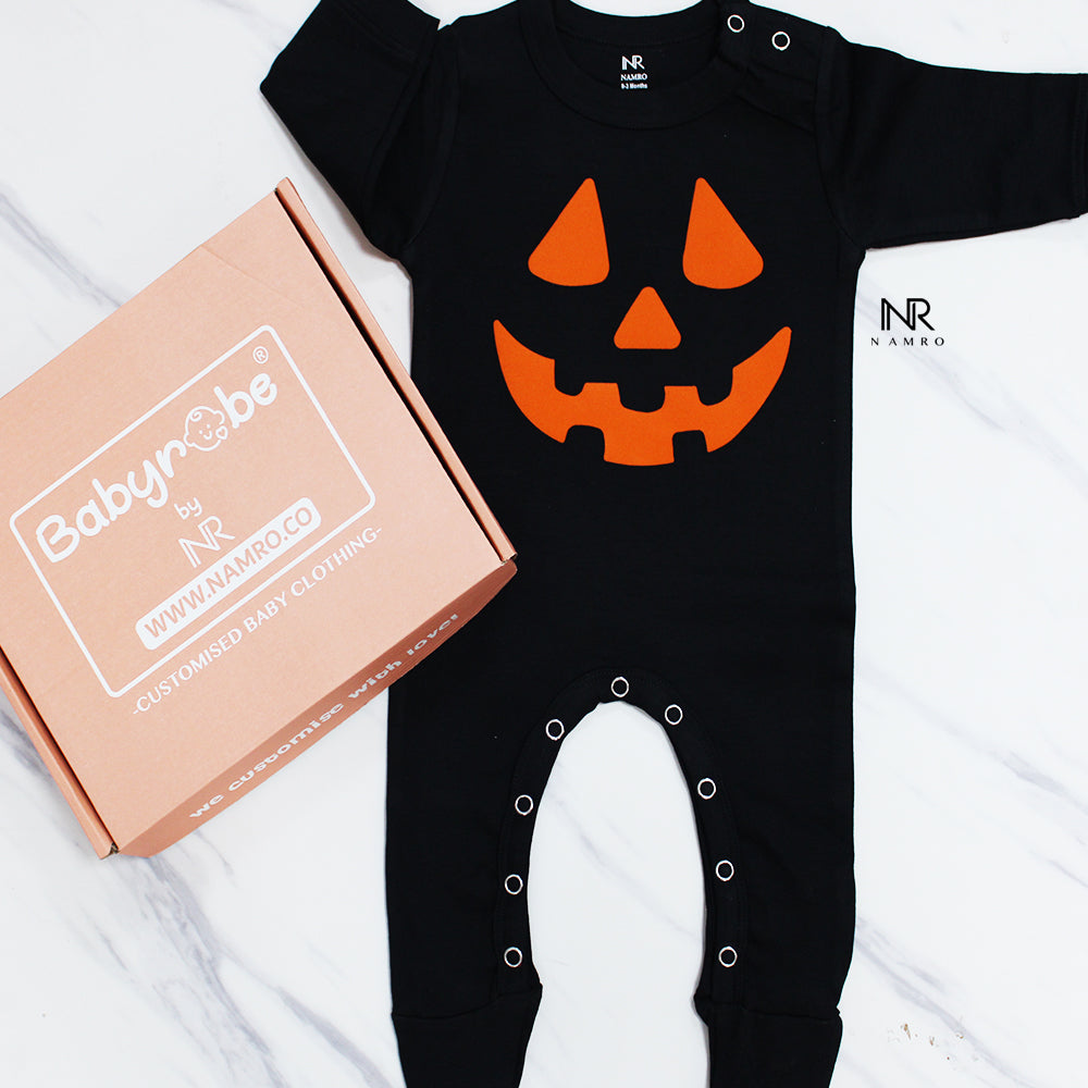 "Custom baby Jumpsuit with name and Halloween Baby design."