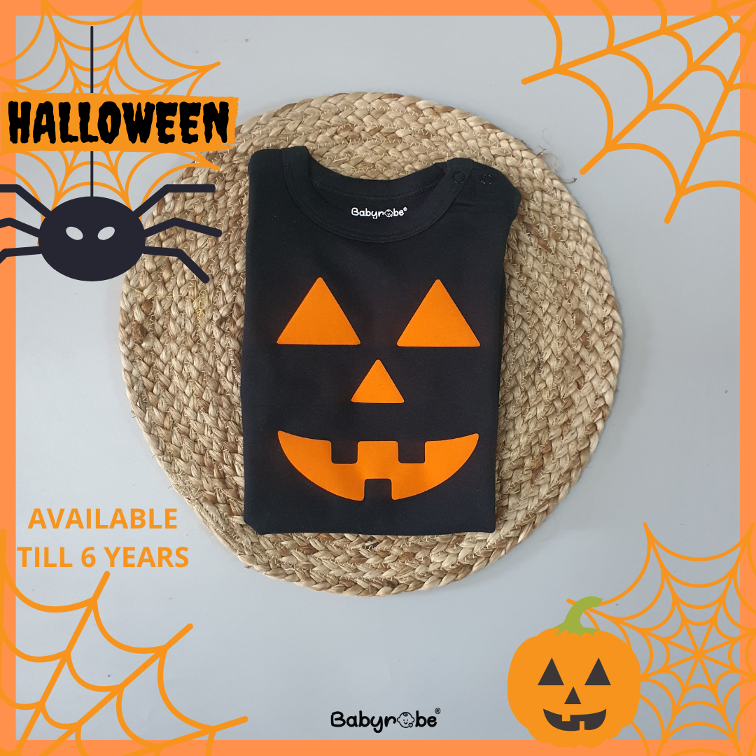 "Cute custom name baby jumpsuit for first Halloween."