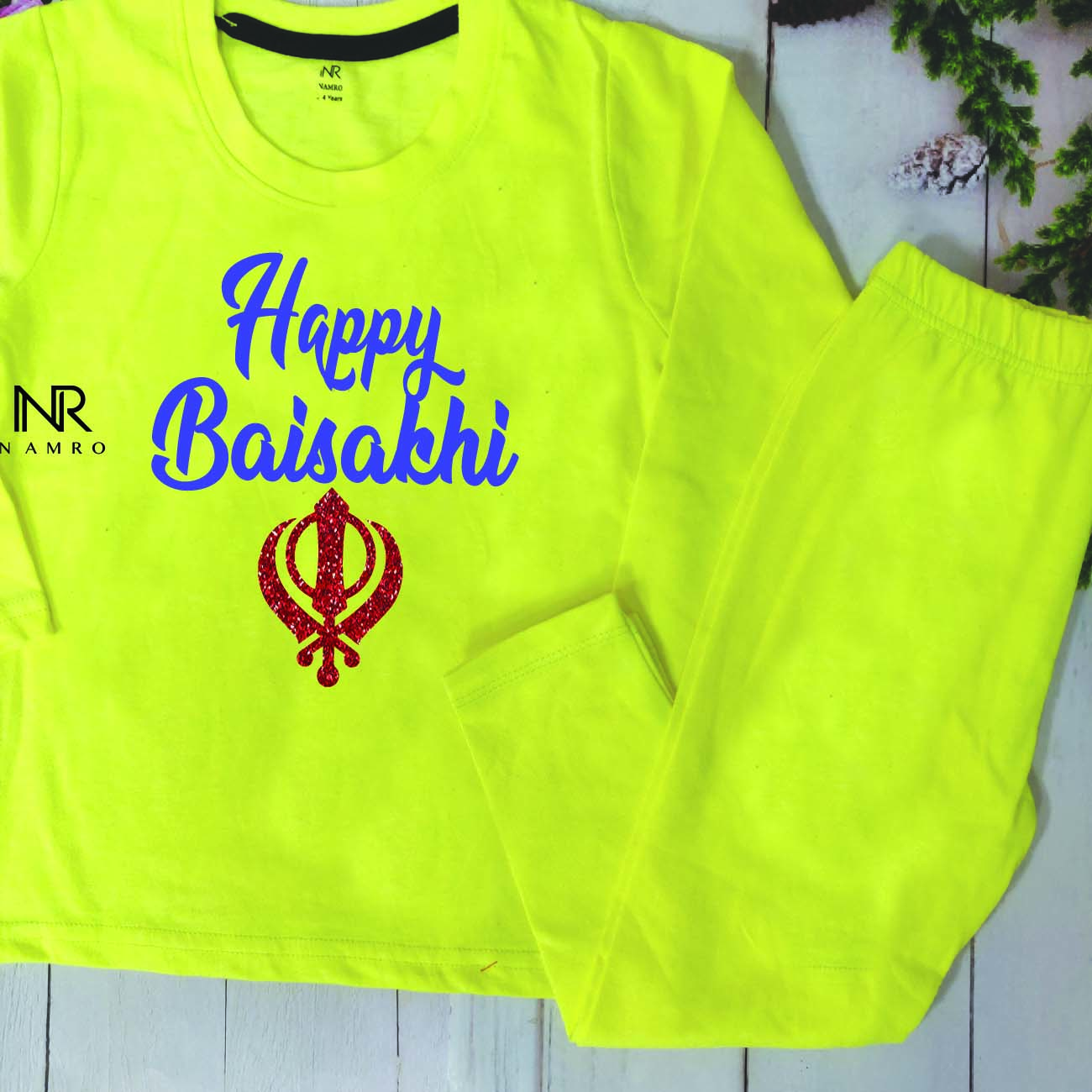 "Baby T-Shirt & Pajama set with personalized name for a special Baisakhi."