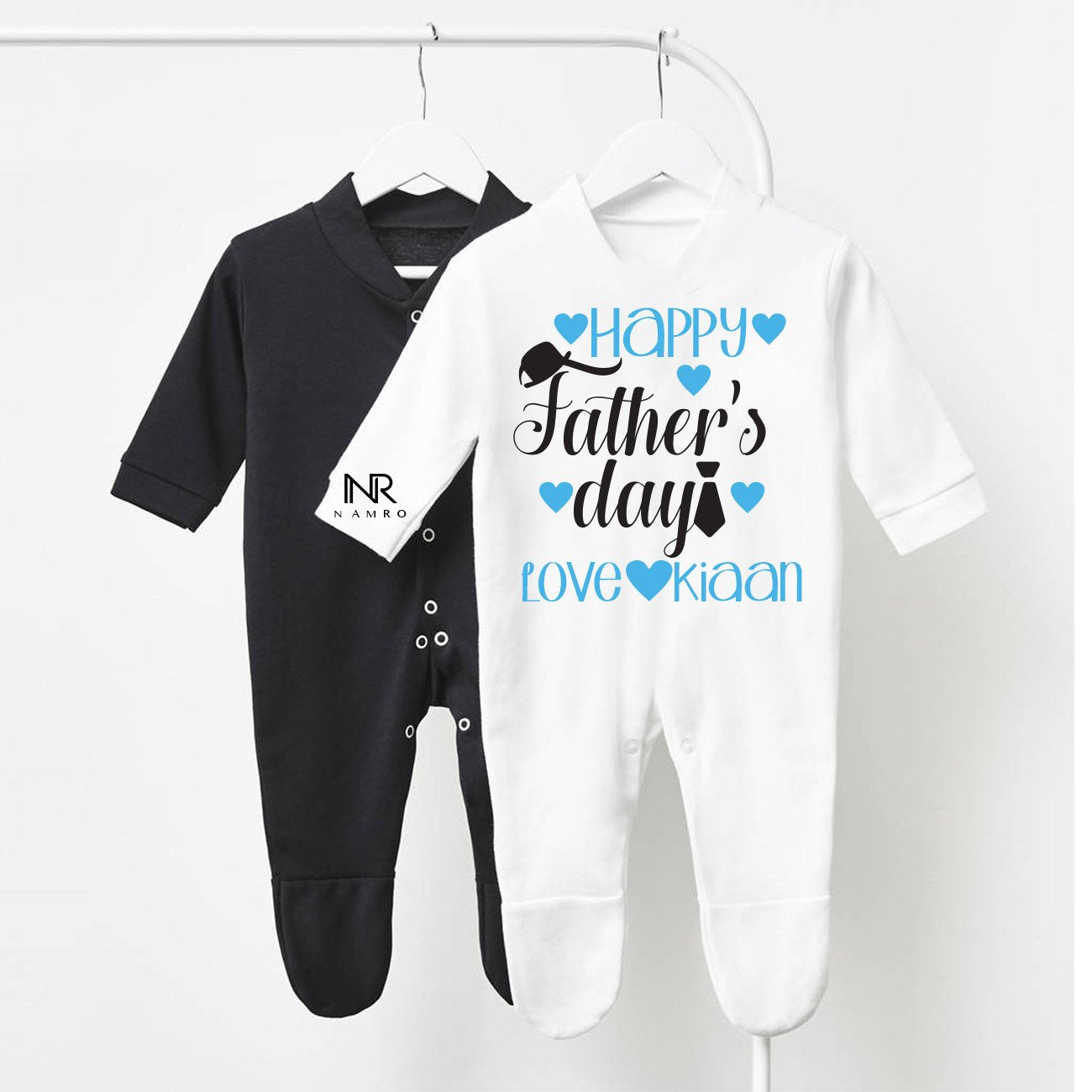 "Custom name Father's Day jumpsuit for your little one."