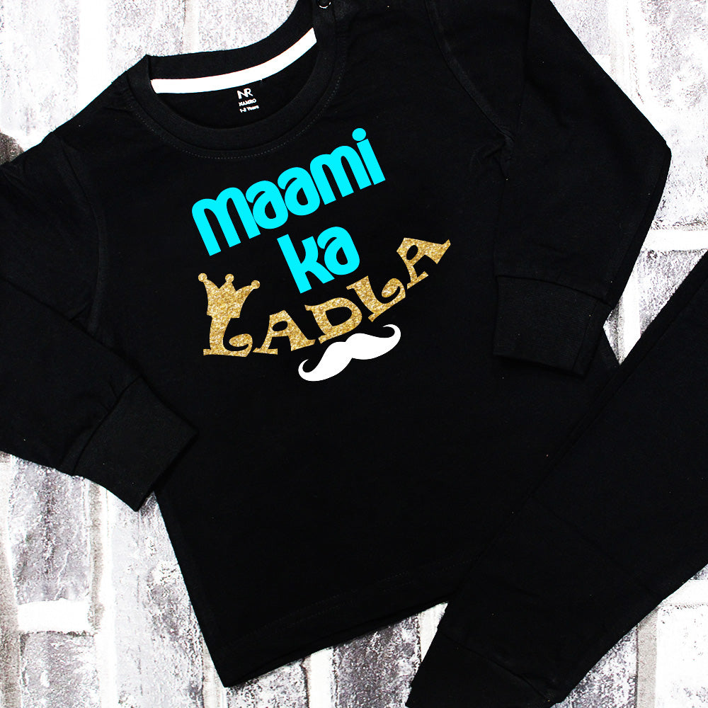 "Soft and comfortable baby T-Shirt & Pajama Set with custom name and design Maami Ka Ladla."