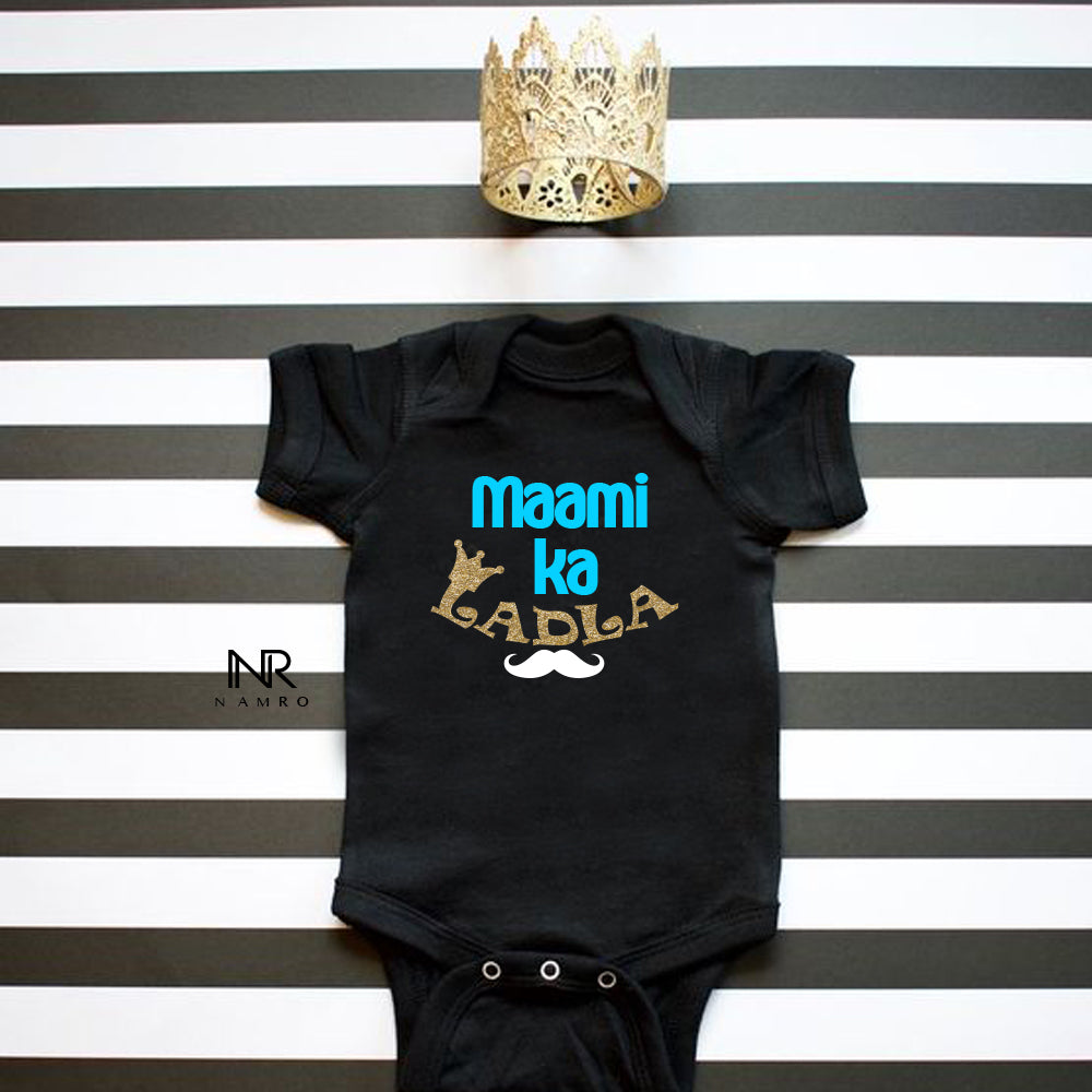 "Cute baby romper with a custom graphic and soft cotton fabric."