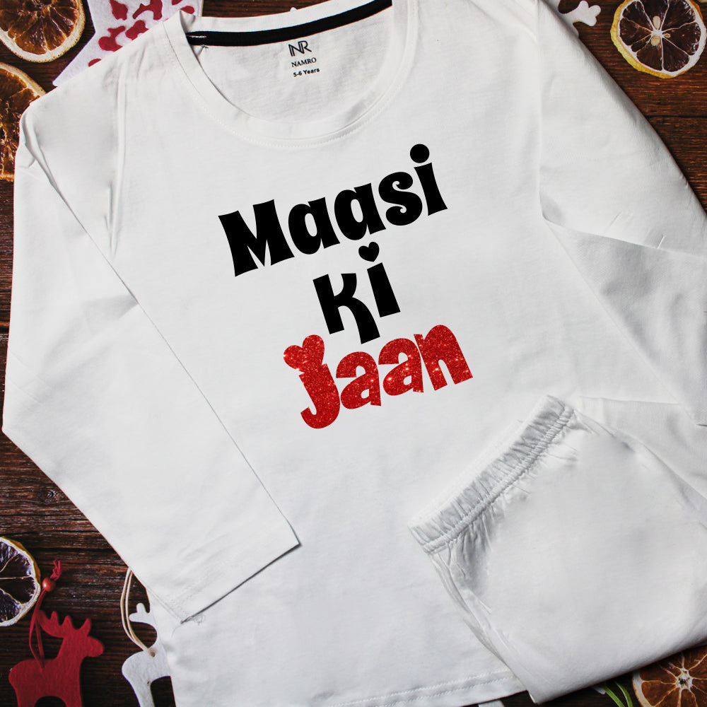 "Baby T-shirt & Pajama set with personalized name for a special Maasi Ki Jaan."
