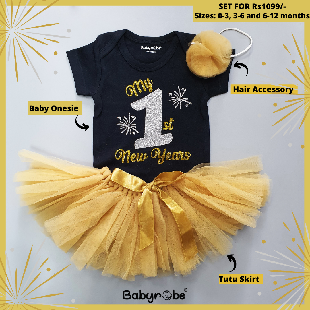 "Celebrate New years with a personalized baby onesie & skirt set."